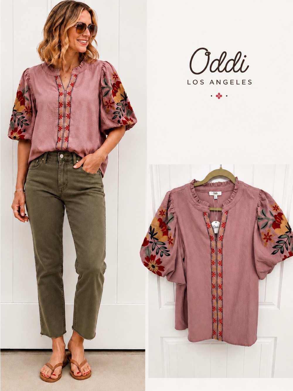 NWT Mauve Floral Embroidered Puff Sleeve Split Neck Blouse